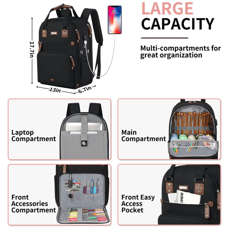 SINVICKO Crochet Bag Backpack Knitting Bag Backpack and Totes Organizer with USB Charging Port  Large Yarn Storage Tote Bag Yarn Holder Case for Knitting Needles  Crochet Hooks fits 15.6 inch Laptop Black - Image 5